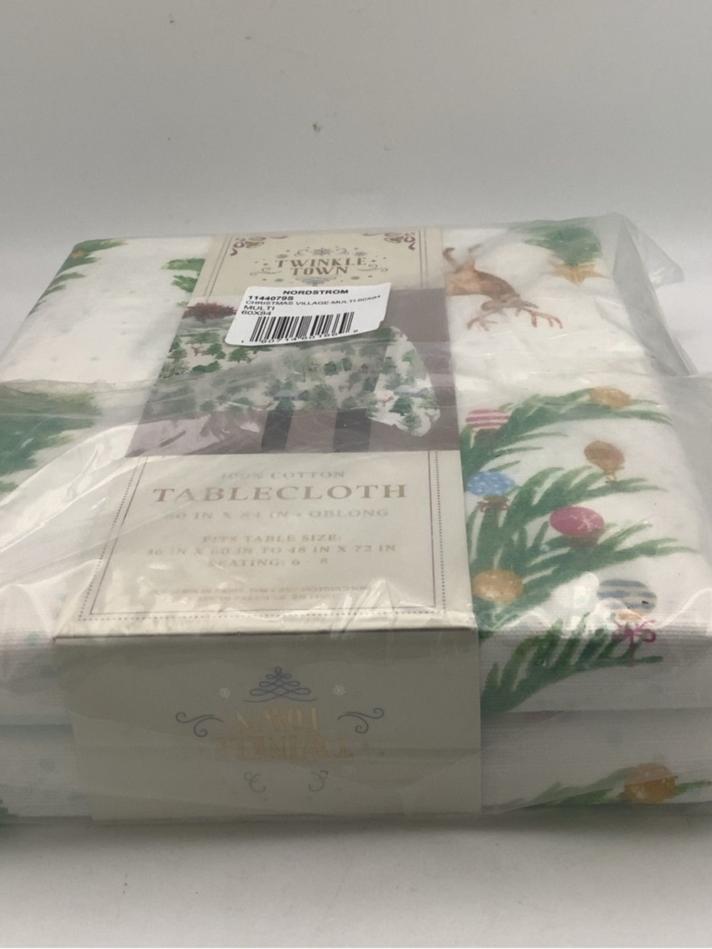 Festive Holiday Cotton Tablecloth with Green Tree, Reindeer and Cabin design - Picture 3 of 8
